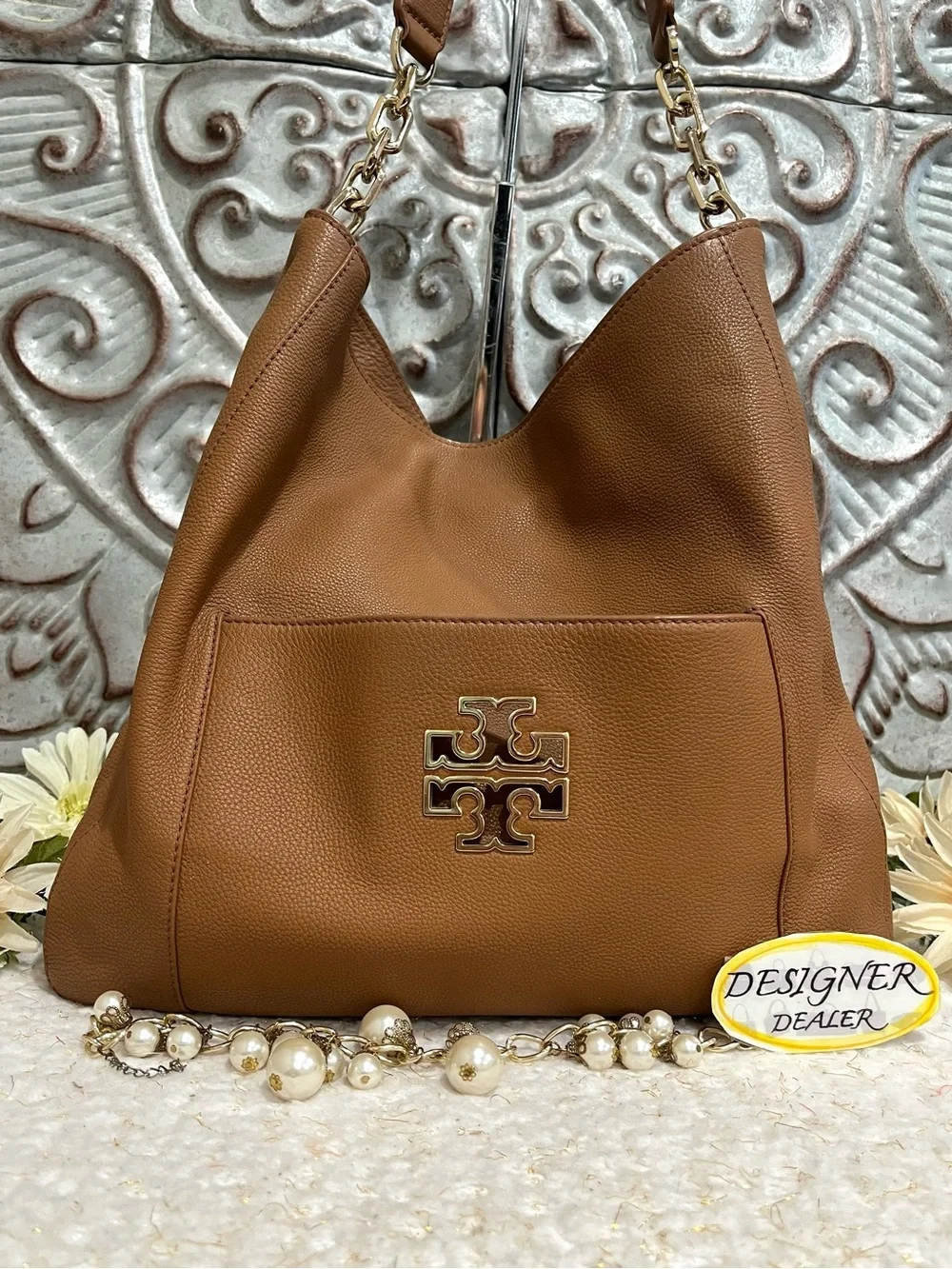 TORY BURCH Britten Large Chain Hobo Brown EUC!